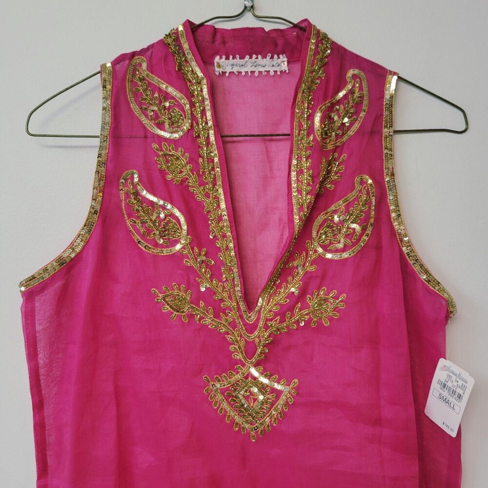 Neiman Marcus Pink Sheer Cotton Beach Tunic Cover Up Gold Embellished NWT - Picture 4 of 14